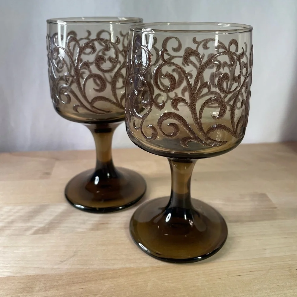 Pair of Vintage Libbey Prado Tawny Brown Raised Scroll Wine Glasses 5.5 inches